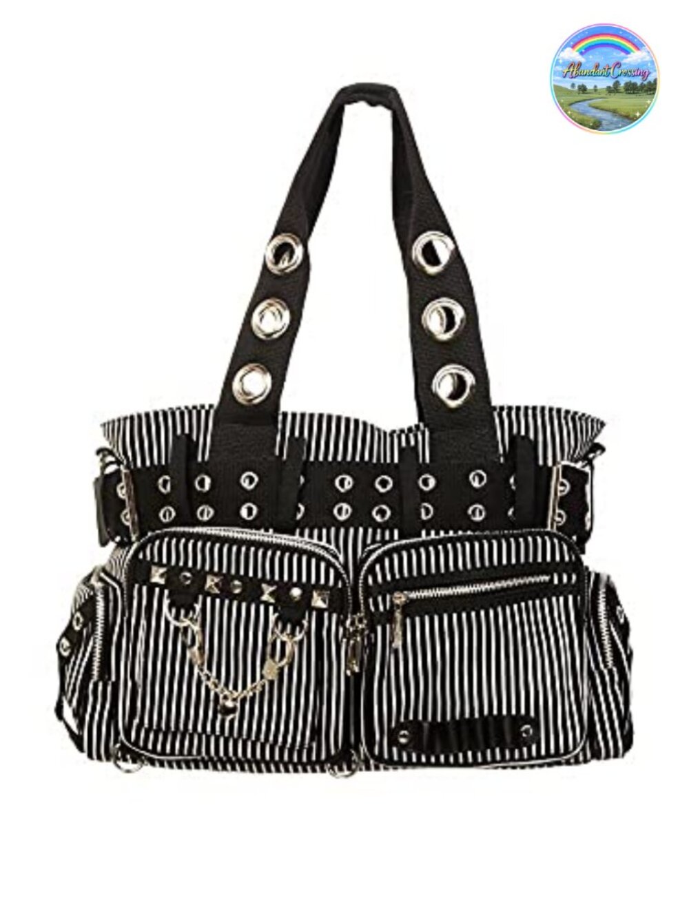 Striped Punk Rock Steampunk Canvas Tote Bag with Handcuff Charm